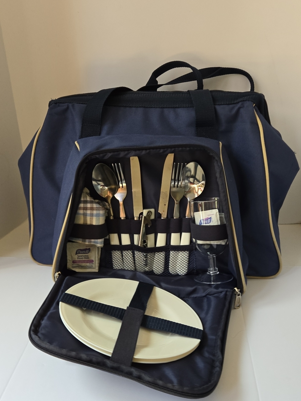 Navy Insulated Picnic Kit Cooler Tote with Utensil Set